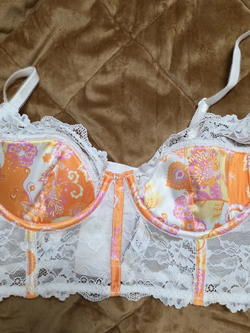 Adore White Lace Longline Bra with Orange & Pink Floral Cups